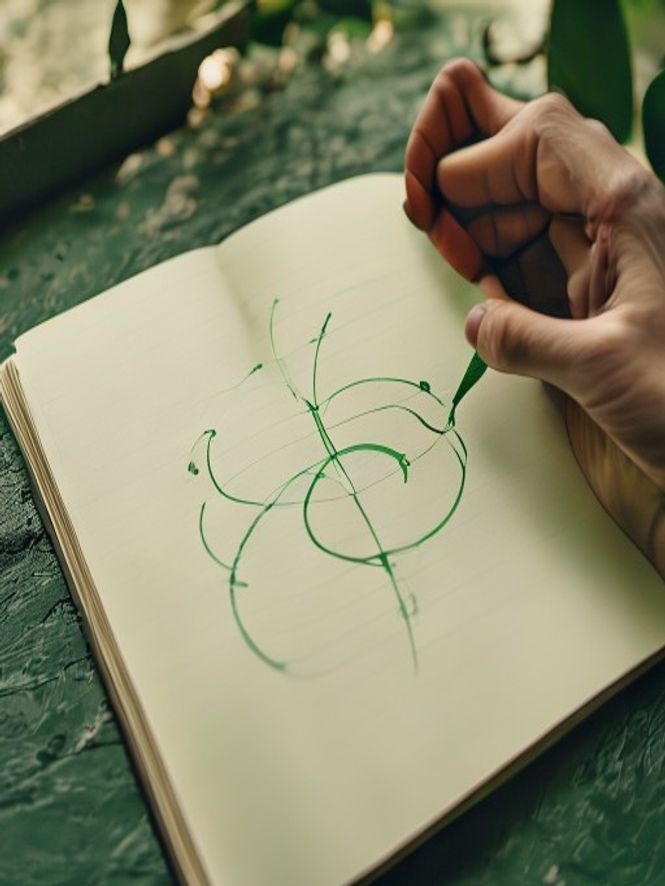 Notebook med tegnet diagram av looper og symboler på et naturlig belyst bord